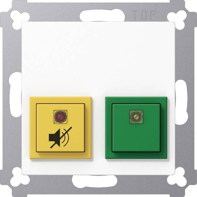 Ein gelber Schalter mit einem Mute-Symbol und ein grüner Druckknopf sind auf einer weißen Platte montiert, die Steuerelemente für Ton und Energie anzeigen.