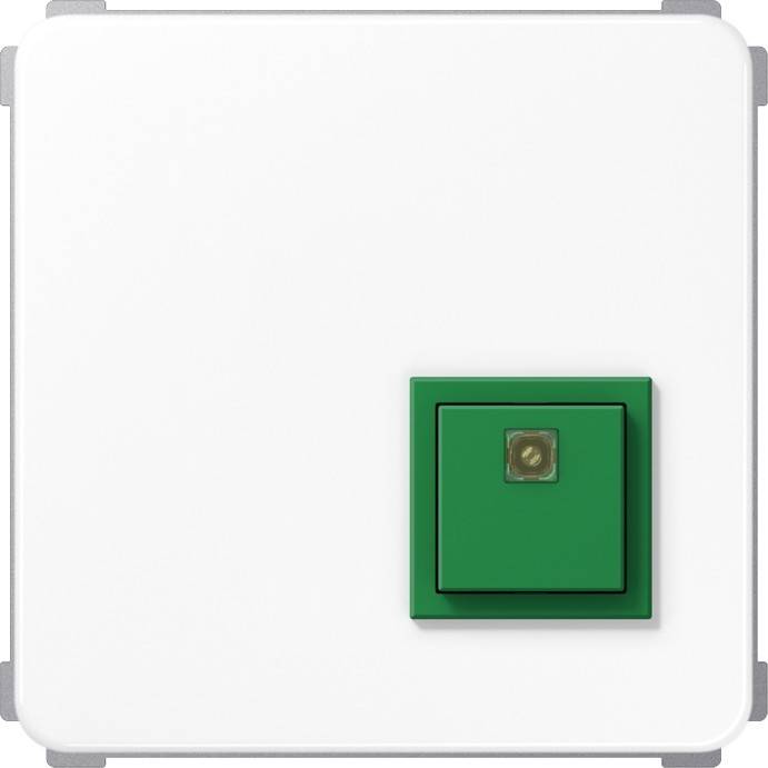Ein weißer quadratischer Lichtschalter mit einem kleinen grünen quadratischen Knopf in der unteren rechten Ecke.