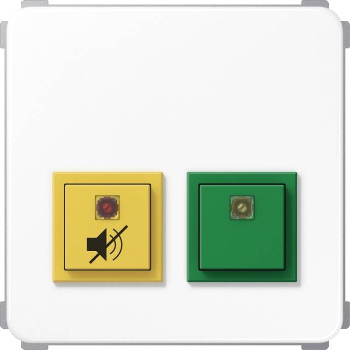 Zwei Schalter auf einem weißen Panel: ein gelber Schalter mit einem Mute-Symbol und einem roten Licht, und ein grüner Schalter ohne Symbol mit einem klaren Licht.