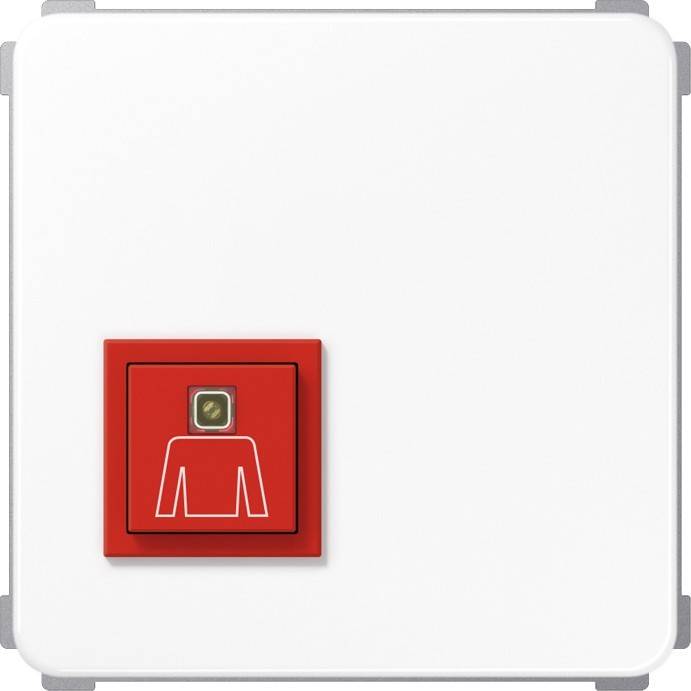 Eine weiße Oberfläche zeigt ein rotes Panel mit einem weißen Umriss eines Hemdes und einem zentralen Knopf, was möglicherweise auf eine kleidungsbezogene Funktion hinweist.