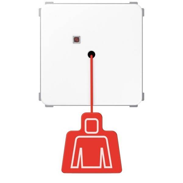 Eine weiße Alarmmeldestation mit einem roten Symbol, das eine menschliche Figur zeigt, die durch eine Linie mit einem kleinen zentralen Loch verbunden ist.