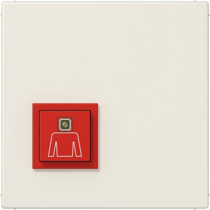 Eine rote Notfalltaste mit einem weißen Symbol einer Person, die einen Pullover trägt, auf einem beigen Hintergrund, die durch Drücken aktiviert wird.