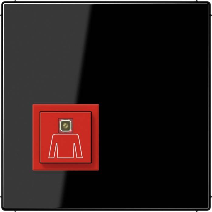 Ein schwarzes Schaltertableau mit einem roten Knopf, der eine Grafik eines Pullovers oder Hemdes zeigt, der möglicherweise eine Steuerung für Heizung oder Kleiderpflege anzeigt.