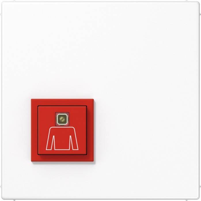 Ein roter Notfallknopf mit einem weißen Icon einer Person, die eine Sicherheitsweste trägt, zentriert auf einer einfarbig weißen Wand.