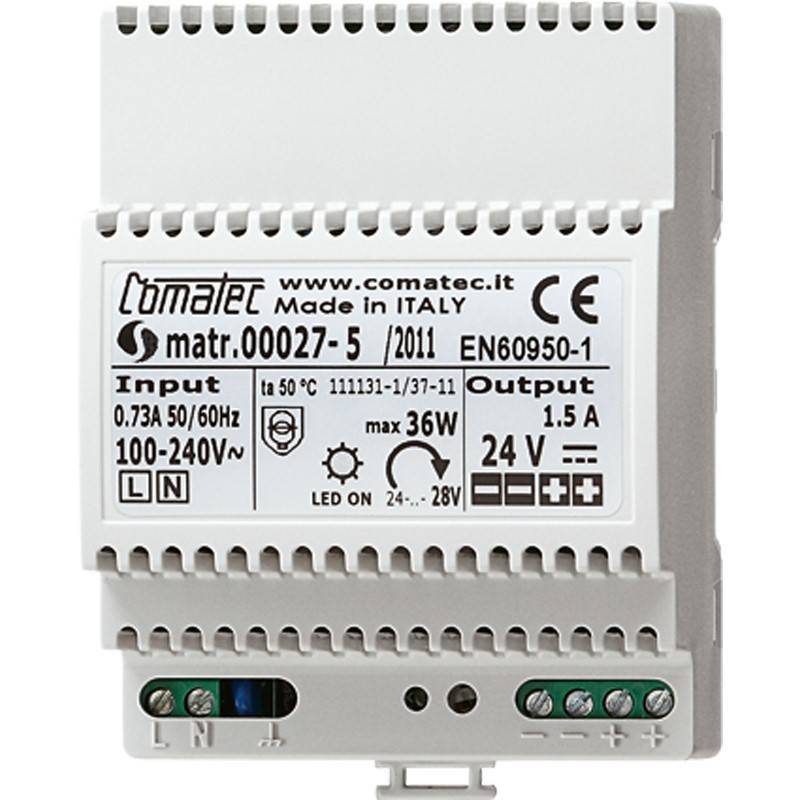 Nahaufnahme eines Comatac LED-Stromversorgungsmoduls mit Beschriftung 100-240V Eingang und 24V 1,5A Ausgang, max. 36W, hergestellt in Italien.
