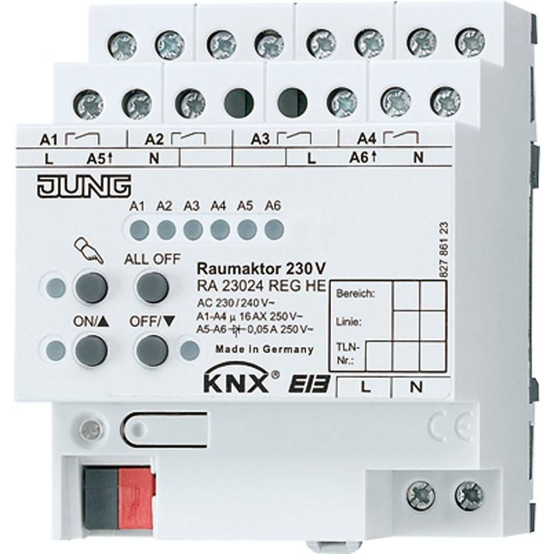 Weißes JUNG KNX Raumcontroller-Modul mit beschrifteten Anschlussklemmen, Anzeigelichtern und EIN/AUS-Tasten auf der Vorderseite.