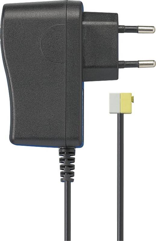 Ein schwarzes elektronisches Ladegerät mit einem Stecker und einem Kabel mit gelber Spitze.
