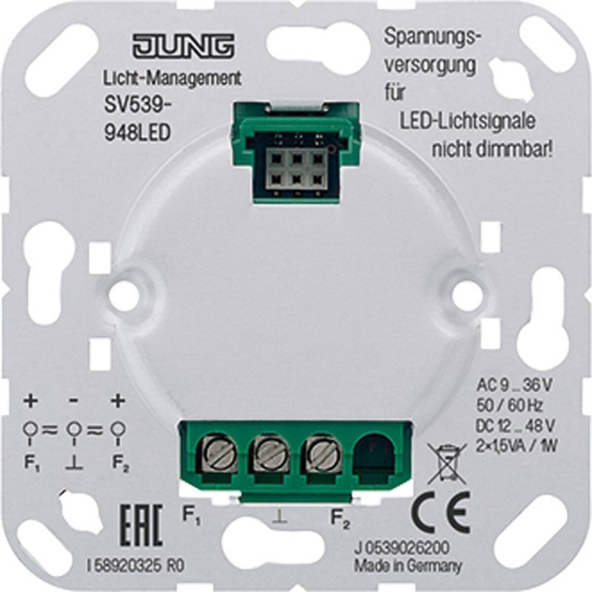 JUNG Light-Management SV539-948LED Modul mit Klemmen und Etiketten für LED-Lichtsignale; Textnotizen zur Spannungsversorgung für nicht dimmbare LEDs.