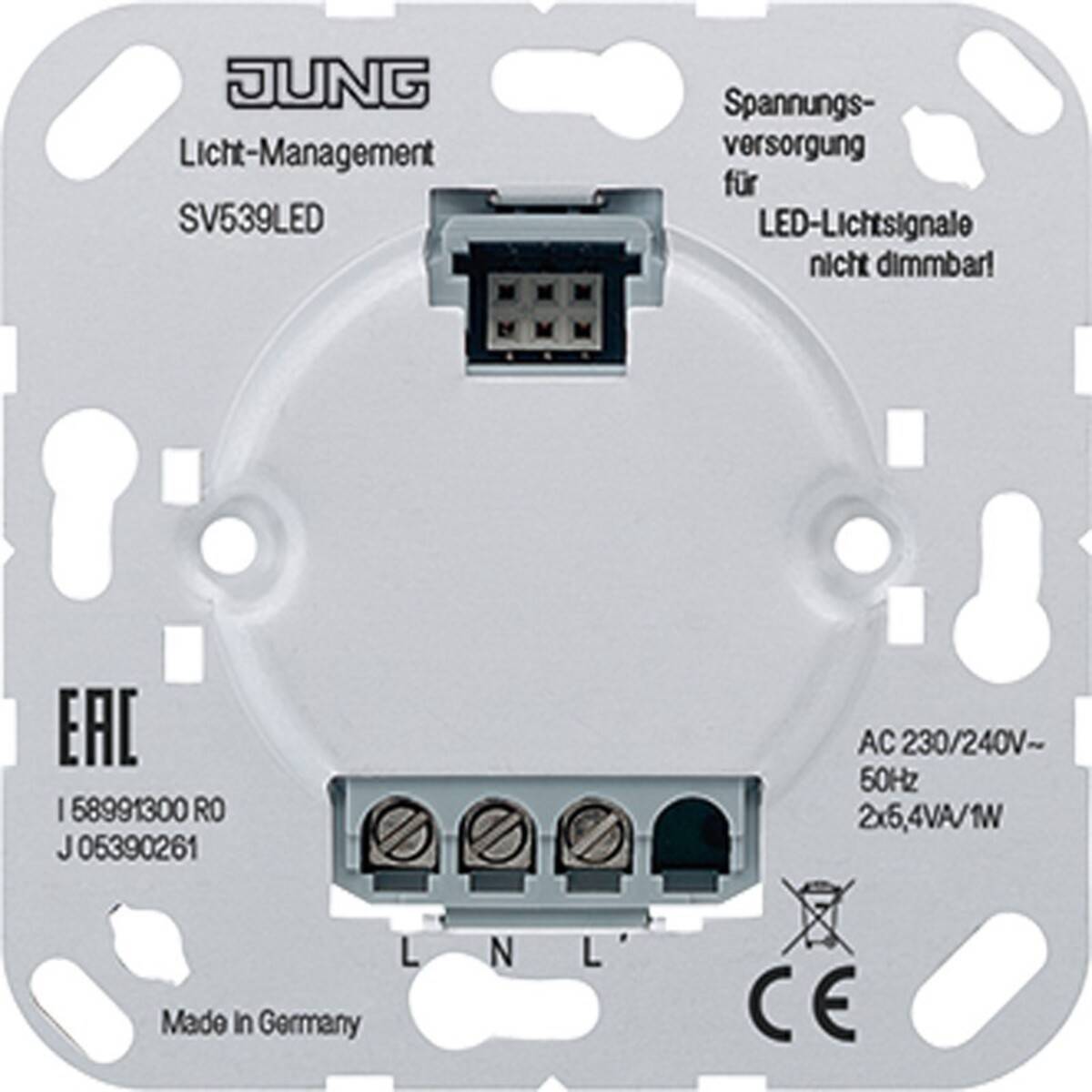 JUNG SV639LED-Lichtmanagementsystem für LED-Lichtsignale mit Anschlussblock und Beschriftungen für 230/240V AC-Stromversorgung.