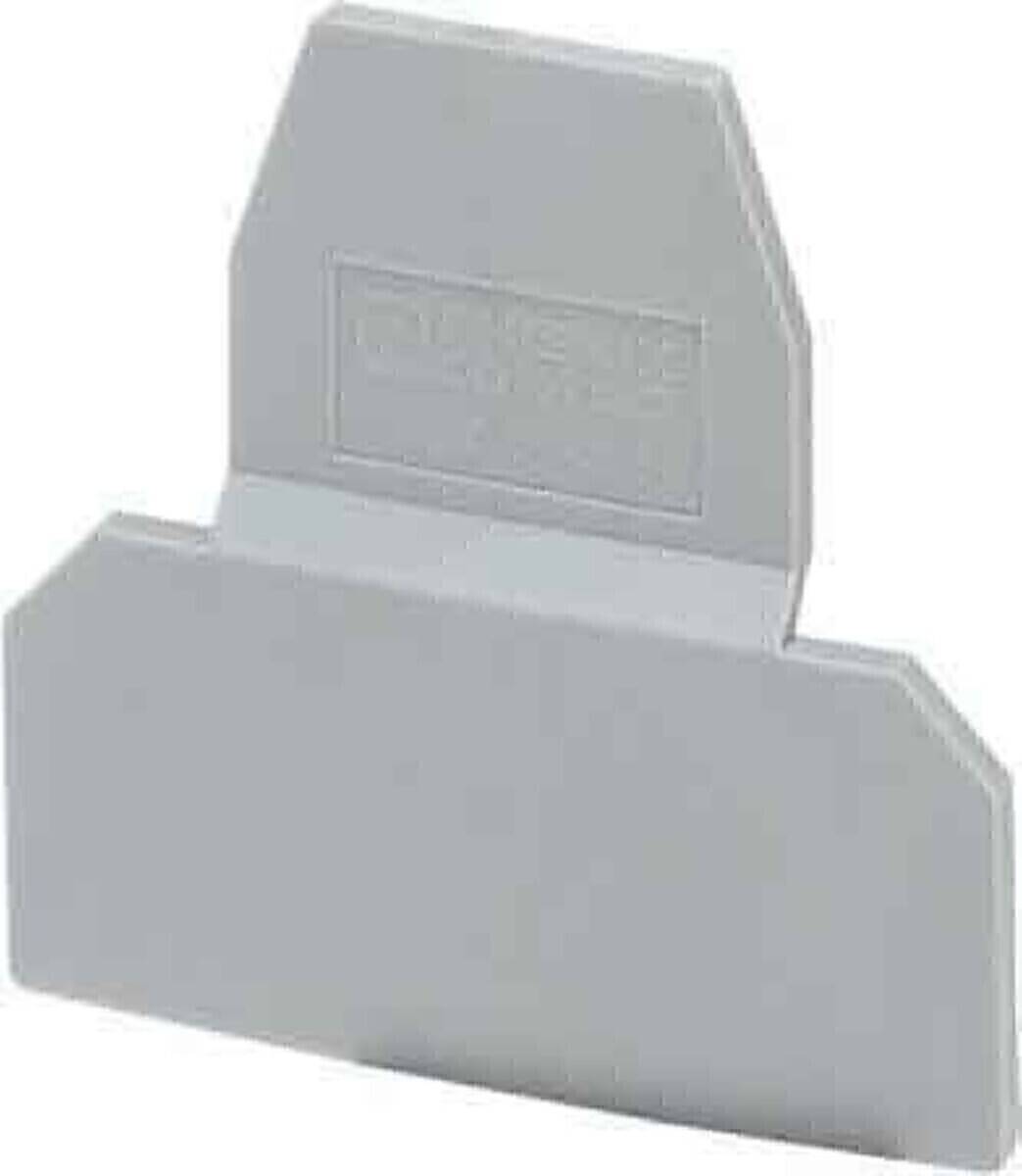 Eine graue Plastik-Endabdeckung für Klemmenleisten mit einer flachen Oberfläche und leicht erhöhten Kanten, die verwendet wird, um die Enden von Klemmenblöcken abzudecken und zu schützen.