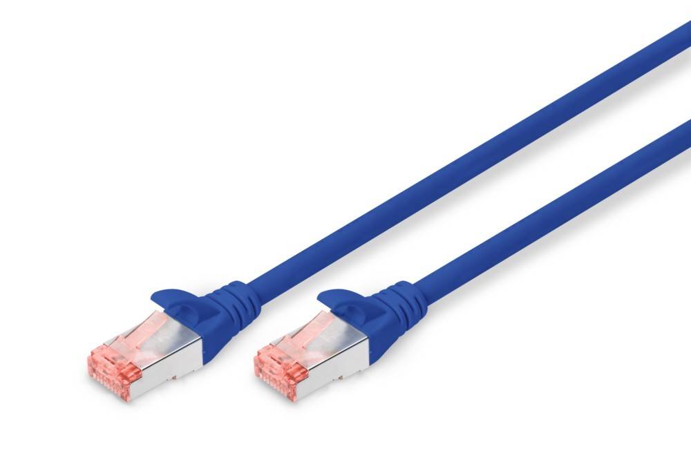 Ein blaues Ethernet-Kabel mit zwei Steckern, die in unterschiedliche Richtungen zeigen, das für Internet- und Netzwerkverbindungen verwendet wird.