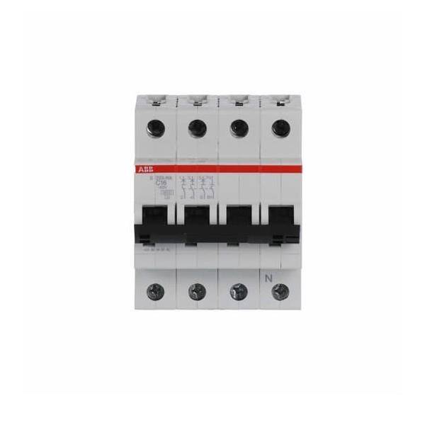 Ein Vier-Pol-Leistungsschalter mit weißem Gehäuse und roter Markierung, entwickelt für elektrische Sicherheit durch Unterbrechung von Überstrombelastungen.