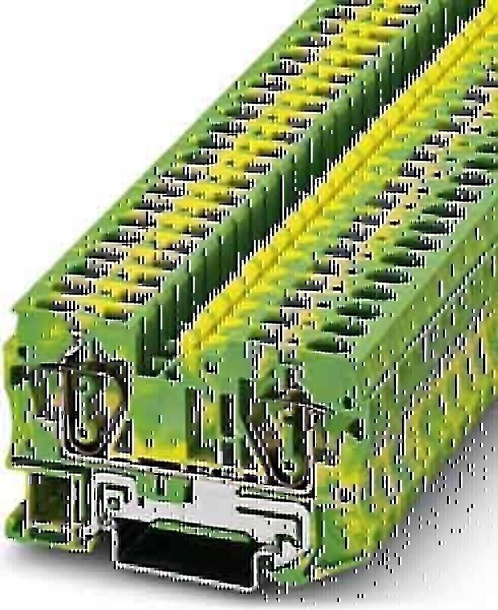 Eine Nahaufnahme eines grün-gelben modularen Reihenklemmenblocks für elektrische Verbindungen mit mehreren Anschlüssen und Steckplätzen.