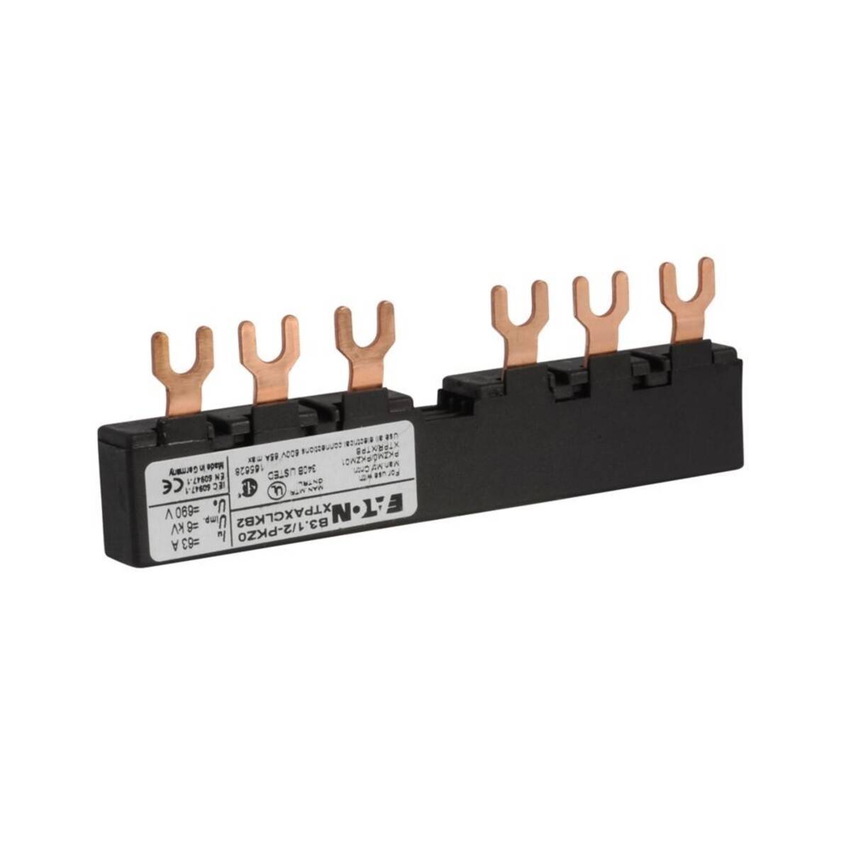 Kupfer-Gabelklemme für Sammelschienen mit elektrischen Spezifikationen und Sicherheitssymbolen auf der Seite.