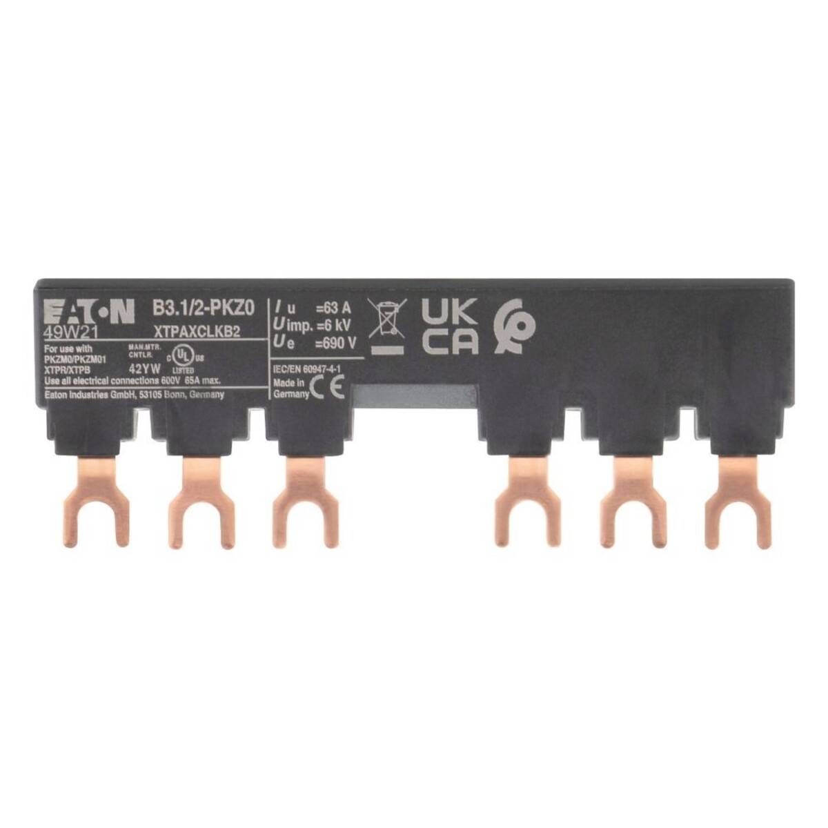 Schwarze Eaton B3.12-PKZ0 elektrische Komponente mit Kupferverbindern, gekennzeichnet für 63A und 690V AC Verwendung. UK- und CA-Zertifizierungszeichen.