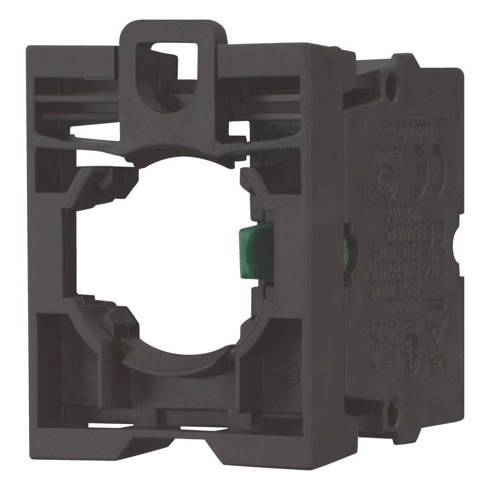 Ein schwarzer Kunststoff-Montageanschluss mit quadratischer Form und zentraler kreisrunder Öffnung, konzipiert zur Befestigung von elektrischen Komponenten auf Einbauplatten.