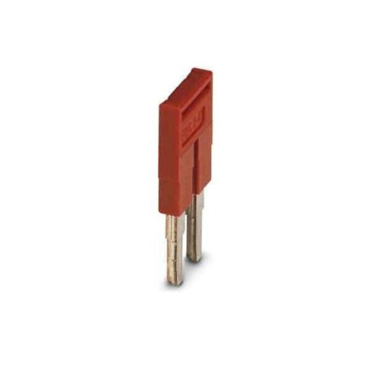 Ein roter Jumper-Verbinder mit zwei Metallstiften, der zum Verbinden oder Trennen von Schaltkreisen auf einer Leiterplatte verwendet wird, auf weißem Hintergrund.
