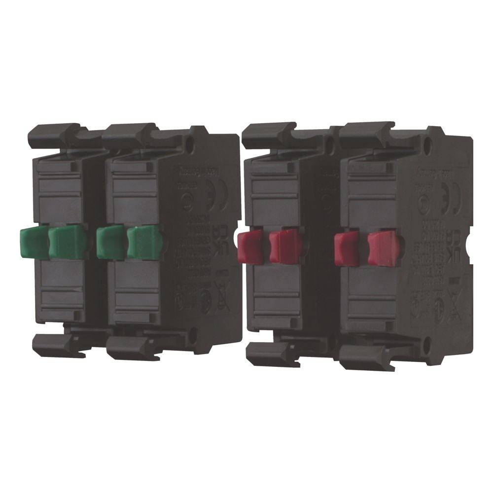 Zwei schwarze Sicherungsautomaten: links mit grünem, rechts mit rotem Schalthebel, die Aus- und Anpositionen anzeigen. Verwendet für elektrische Sicherheit.