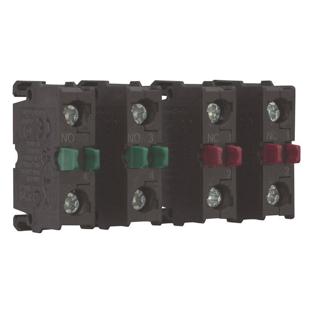 Vier miteinander verbundene schwarze elektrische Komponenten mit sichtbaren grünen und roten Schaltern.