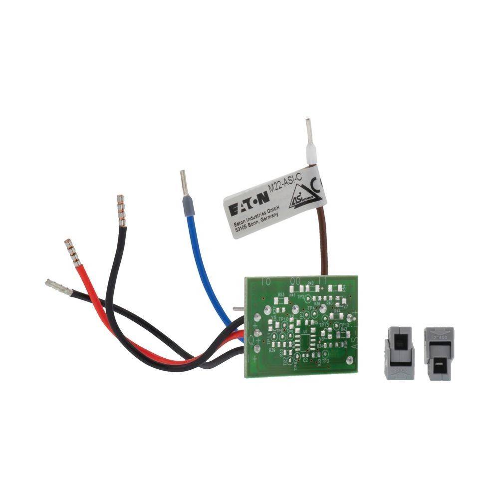 Elektrisches Komponentenset mit Leiterplatte, Verdrahtung, Schaltern und einem kleinen Modul, beschriftet mit EATON M21-AS/G.