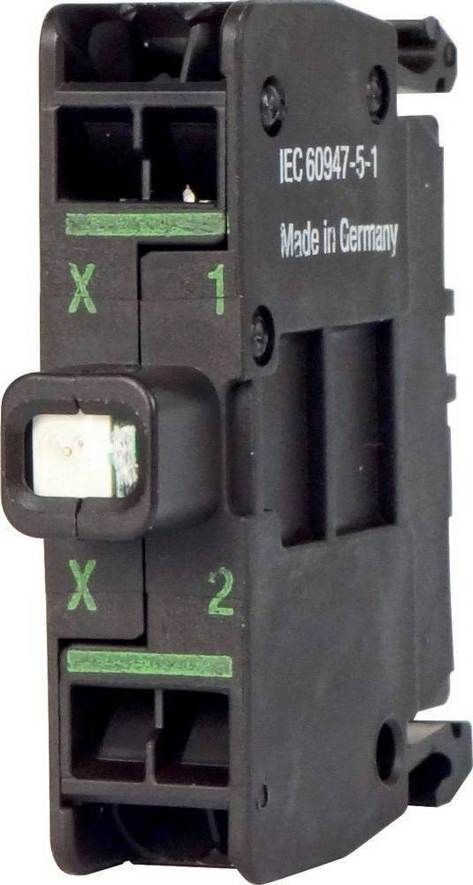 Nahaufnahme eines schwarzen Elektroschalters, beschriftet mit 'X', '1' und '2', mit dem Text 'Made in Germany' an seiner Seite.