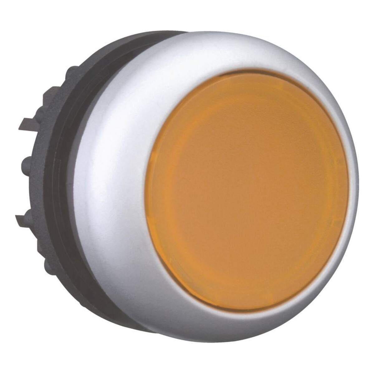 Ein runder orangefarbener Druckknopf mit silbernem Rand, der üblicherweise in Steuerungspanels oder Maschinen zur Aktivierung von Funktionen verwendet wird.