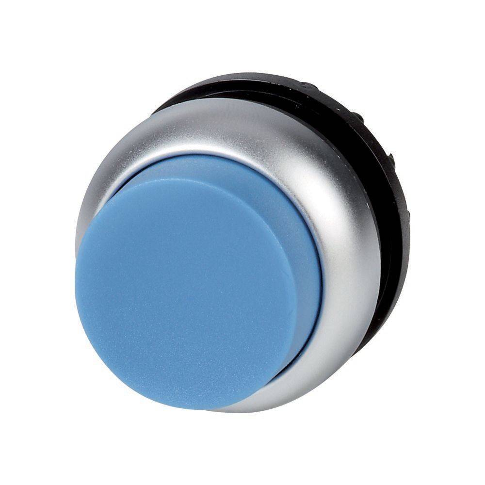 Ein silberner und blauer Drucktastenschalter, der häufig in elektronischen Geräten zum Ein- und Ausschalten von Funktionen verwendet wird.