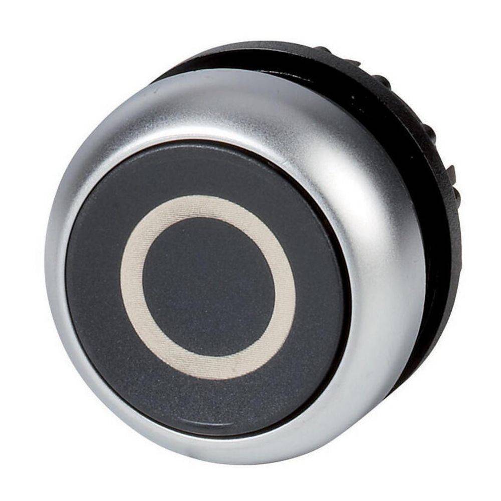 Ein runder schwarzer und silberner Drucktaster mit beleuchtetem Ring, der zum Steuern elektronischer Geräte verwendet wird.
