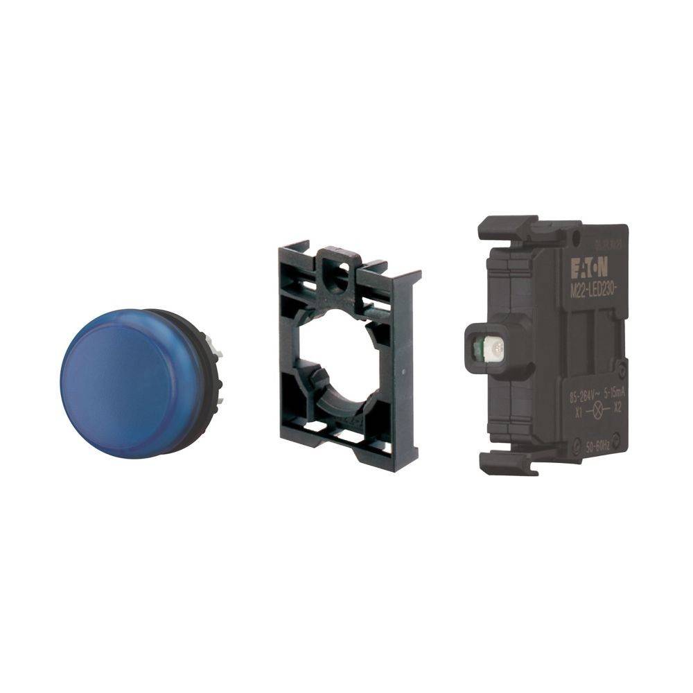 Drei Komponenten eines Drucktasters: eine blaue Tastenkappe, ein Montagering und ein Kontaktblock mit der Bezeichnung Eaton, Modell M22-LED230-S.