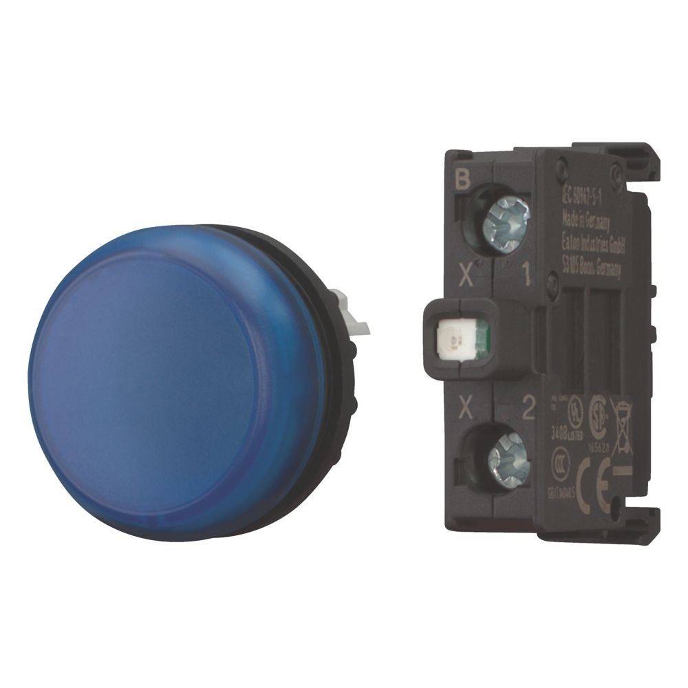 Ein blauer Drucktaster neben einer abnehmbaren schwarzen Basis mit Anschlussklemmen, verwendet für elektrische Steuerungsanwendungen.