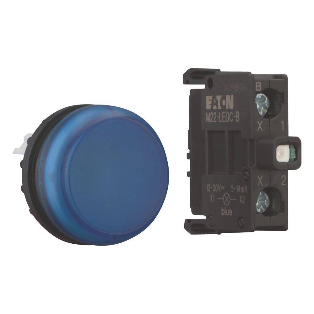 Blauer Drucktaster mit einer runden Kappe und einer rechteckigen Montageplatte, beschriftet mit ‚Eaton M22-LEDC-B', konzipiert für elektrische Schaltschränke.