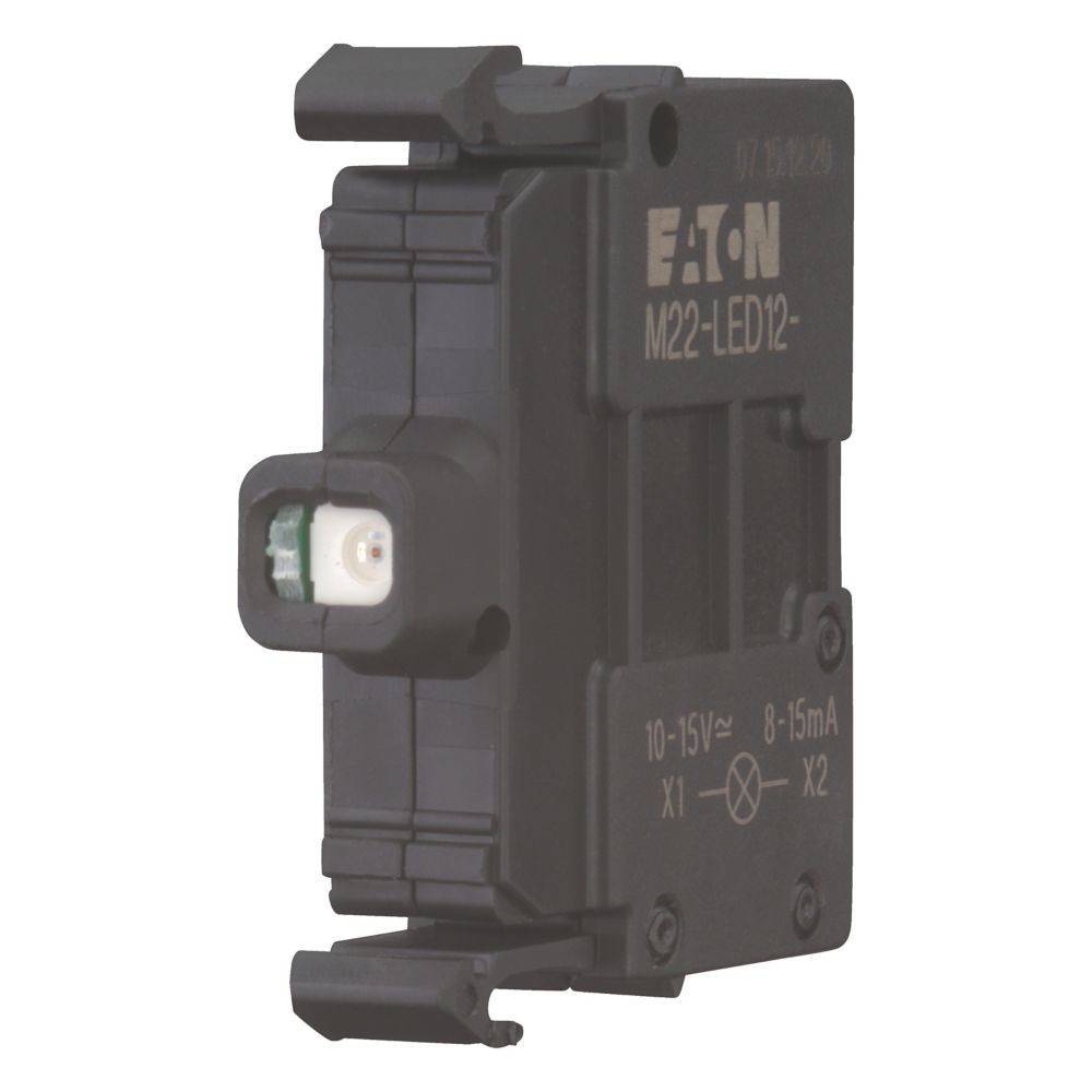 Ein schwarzes Eaton M22-LED12 LED-Modul für den Betrieb mit 10-15V, ausgestattet mit einer einzelnen grünen LED, verwendet in elektrischen Schalttafeln.