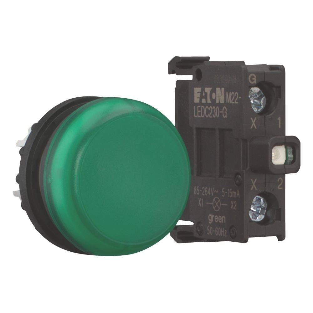 Ein grüner runder Druckschalter und seine schwarze Montagebasis, gekennzeichnet mit 'Eaton M22-LED230-G'. Verwendet für elektrische Anwendungen.