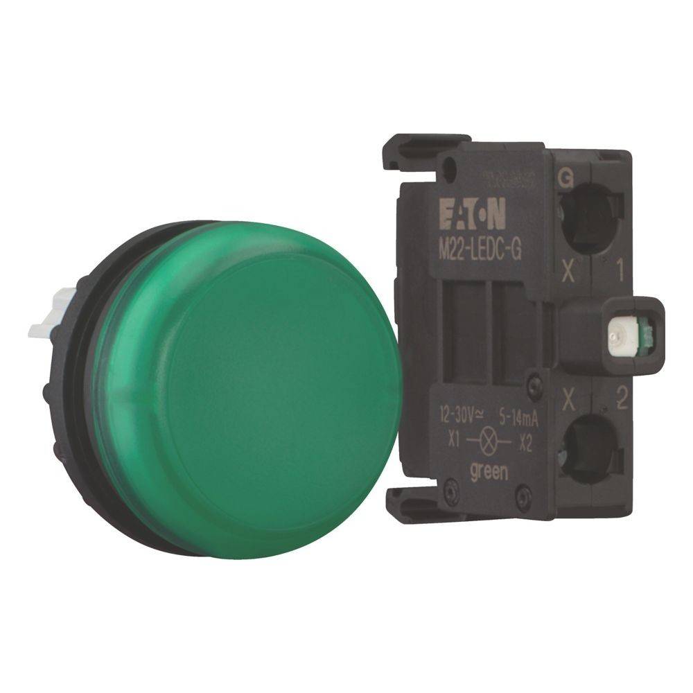 Ein grüner Druckknopf mit einem schwarzen Befestigungssockel, beschriftet mit 'Eaton' und Modellnummer 'M22-LEDC-G', konzipiert für elektrische Steuerungssysteme.