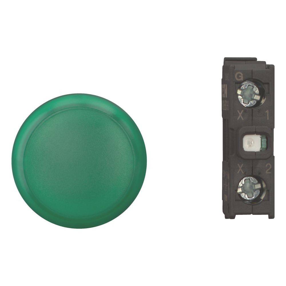 Grüner runder Knopf neben einer schwarzen elektrischen Komponente mit Schraubklemmen.