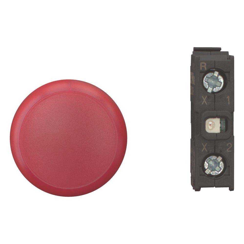 Roter kreisförmiger Knopf und schwarze elektrische Komponente mit Anschlüssen, die mit R, X und 1, 2 gekennzeichnet sind.