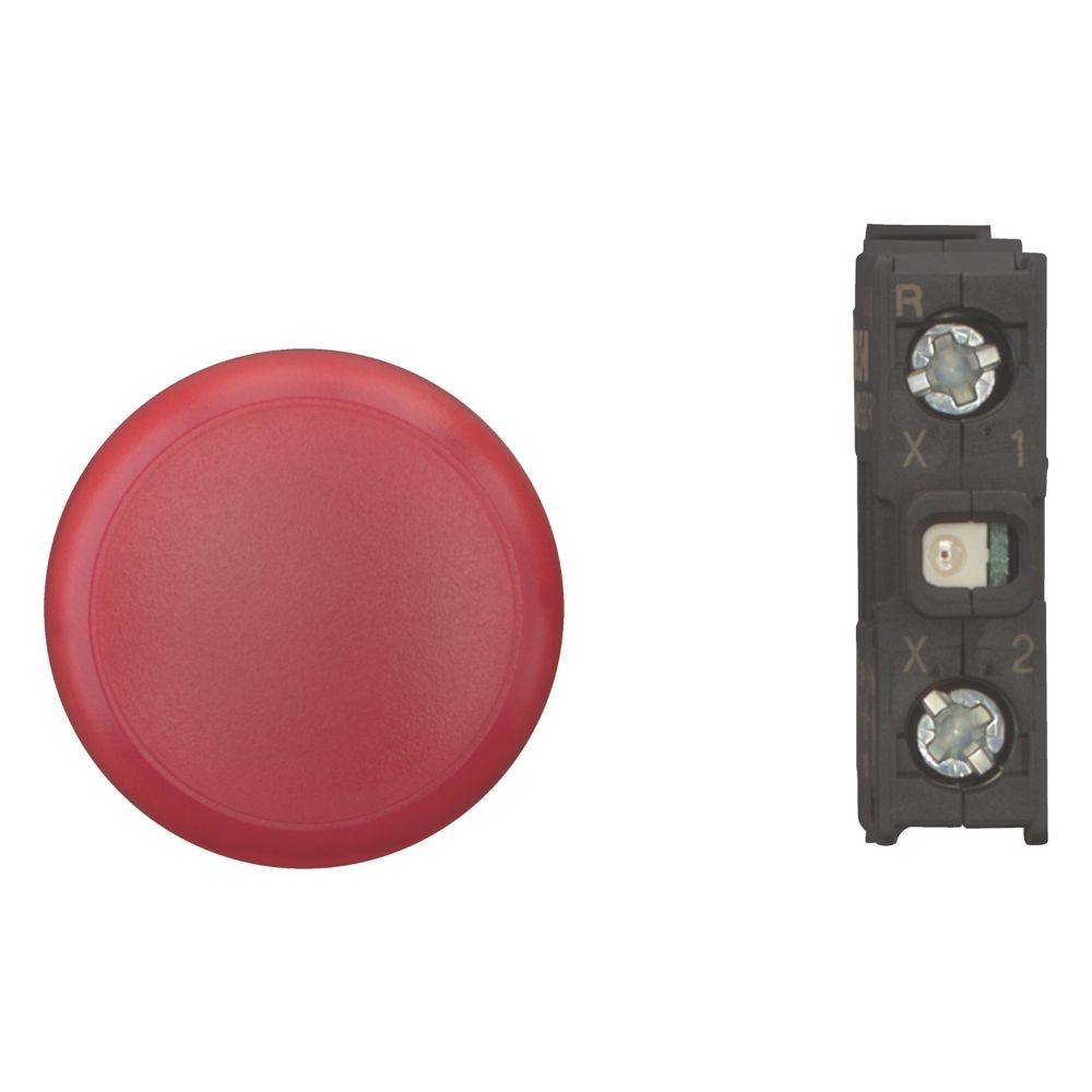 Roter kreisförmiger Knopf neben einer schwarzen elektrischen Komponente, die Anschlusspunkte mit den Markierungen R, X1 und X2 aufweist.