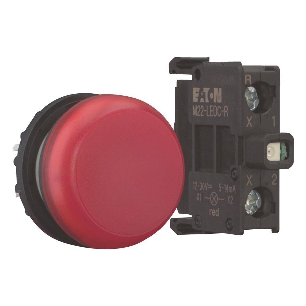 Roter Drucktaster mit schwarzem Gehäuse, beschriftet mit 'EATON M22-LEDC-R', verwendet zur Steuerung von Maschinen oder Geräten.