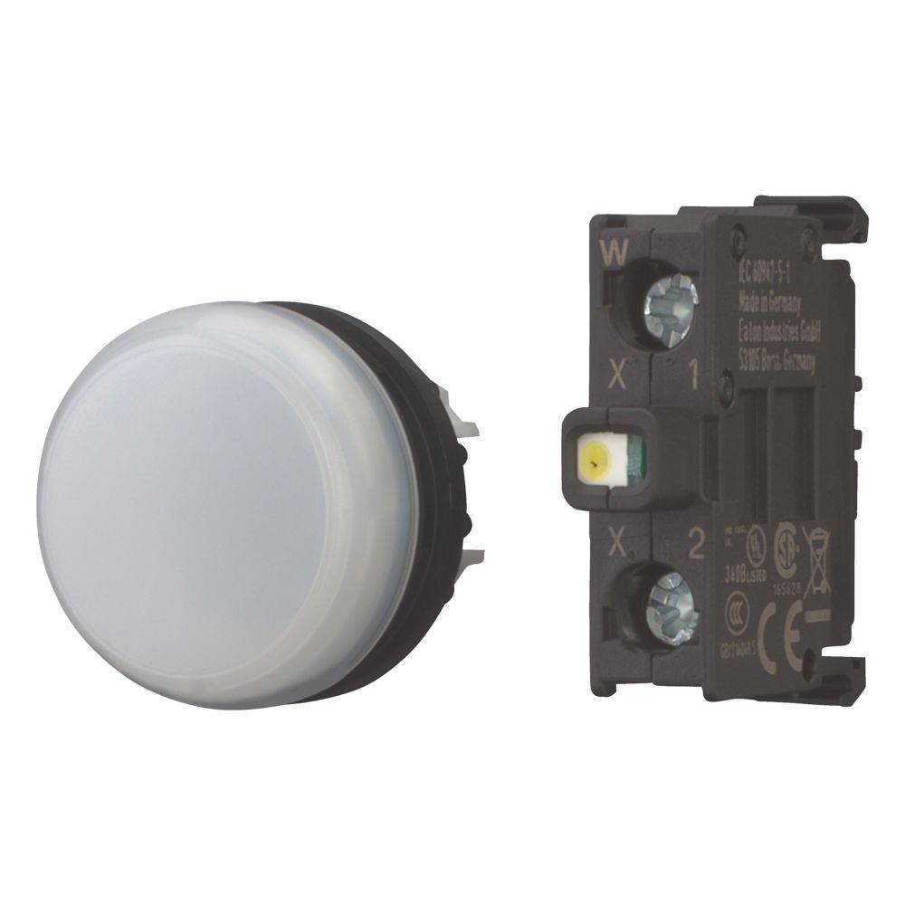 Ein kreisförmiges LED-Indikatorlicht in Weiß, kombiniert mit einer elektrischen Komponente mit Anschlussklemmen, verwendet für industrielle Steuerungstafel.