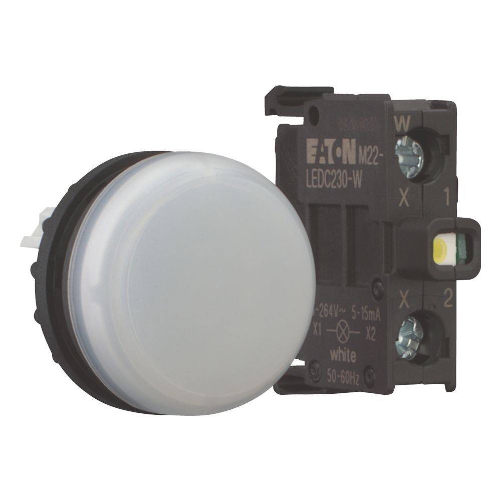 Ein weißer Drucktastenschalter mit schwarzer Basis und beschrifteter Komponente dahinter, gekennzeichnet mit 'Eaton M22' und 'weiß', für elektrische Schaltschränke konzipiert.