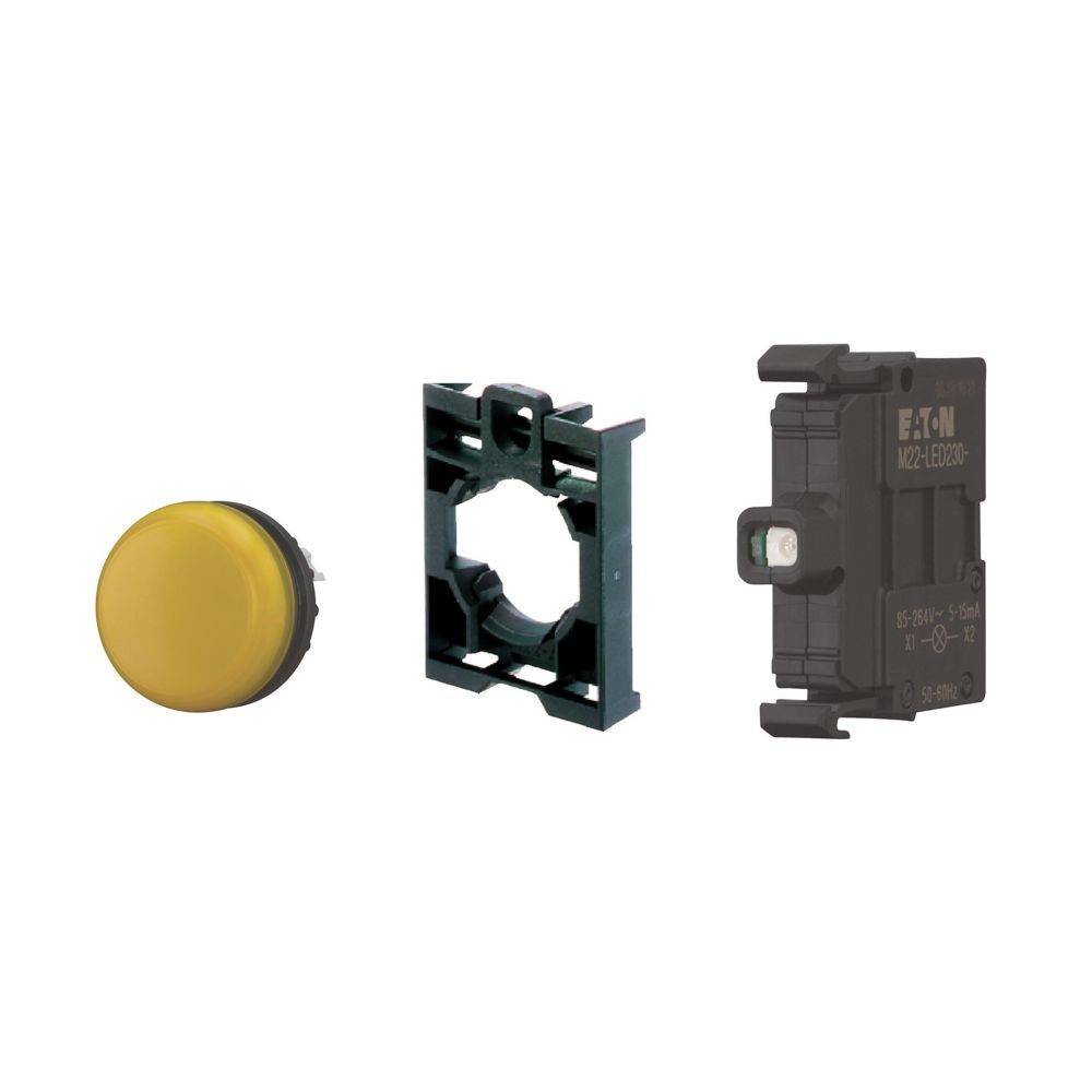 Komponenten eines Drucktastenschalters: runde gelbe Taste, schwarzer Montagerings und ein schwarzer elektrischer Kontaktblock.