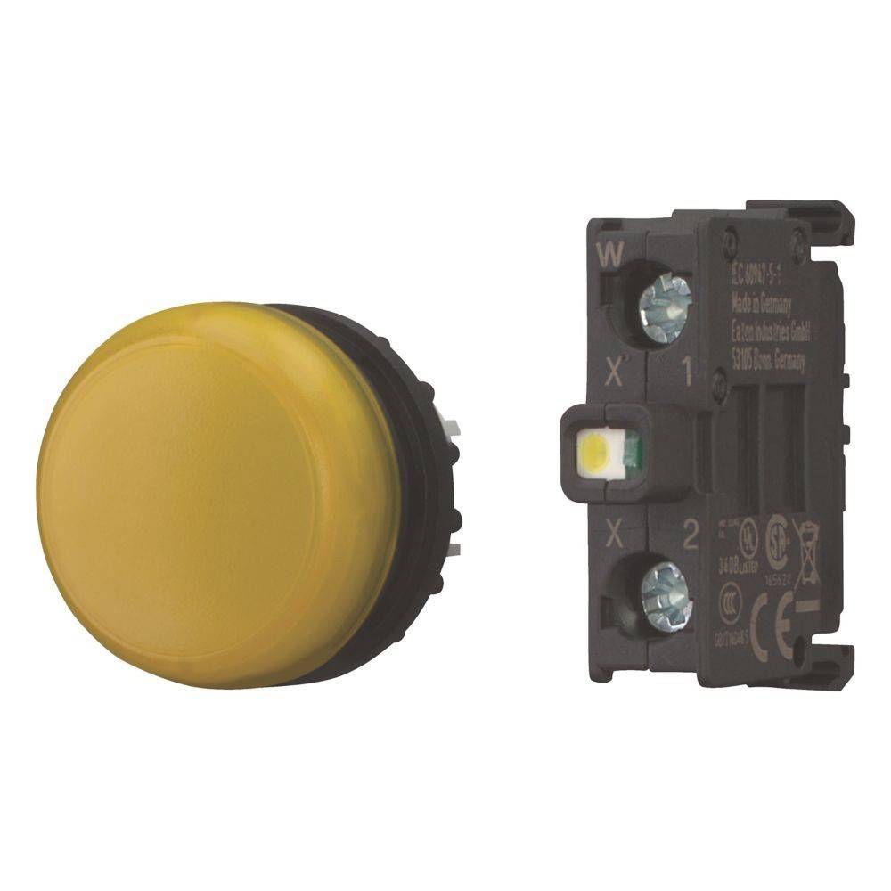 Ein großer runder gelber Druckknopf und ein schwarzes Schaltermodul mit elektrischen Anschlüssen, verwendet für industrielle Steuerungstafel.