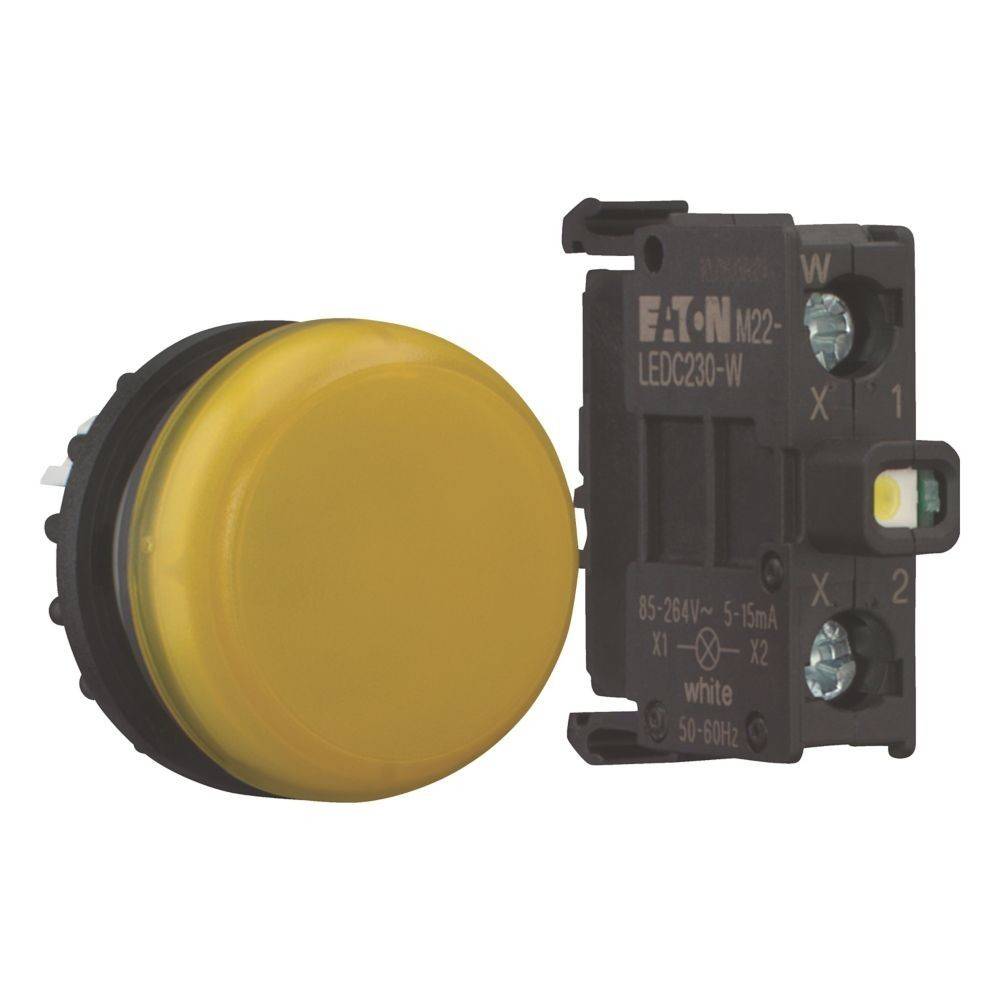 Ein gelber runder Drucktaster mit angebrachter schwarz-weißer elektrischer Komponente, beschriftet mit ‚Eaton M22 LEDC230-W', der Verdrahtungsdetails zeigt.