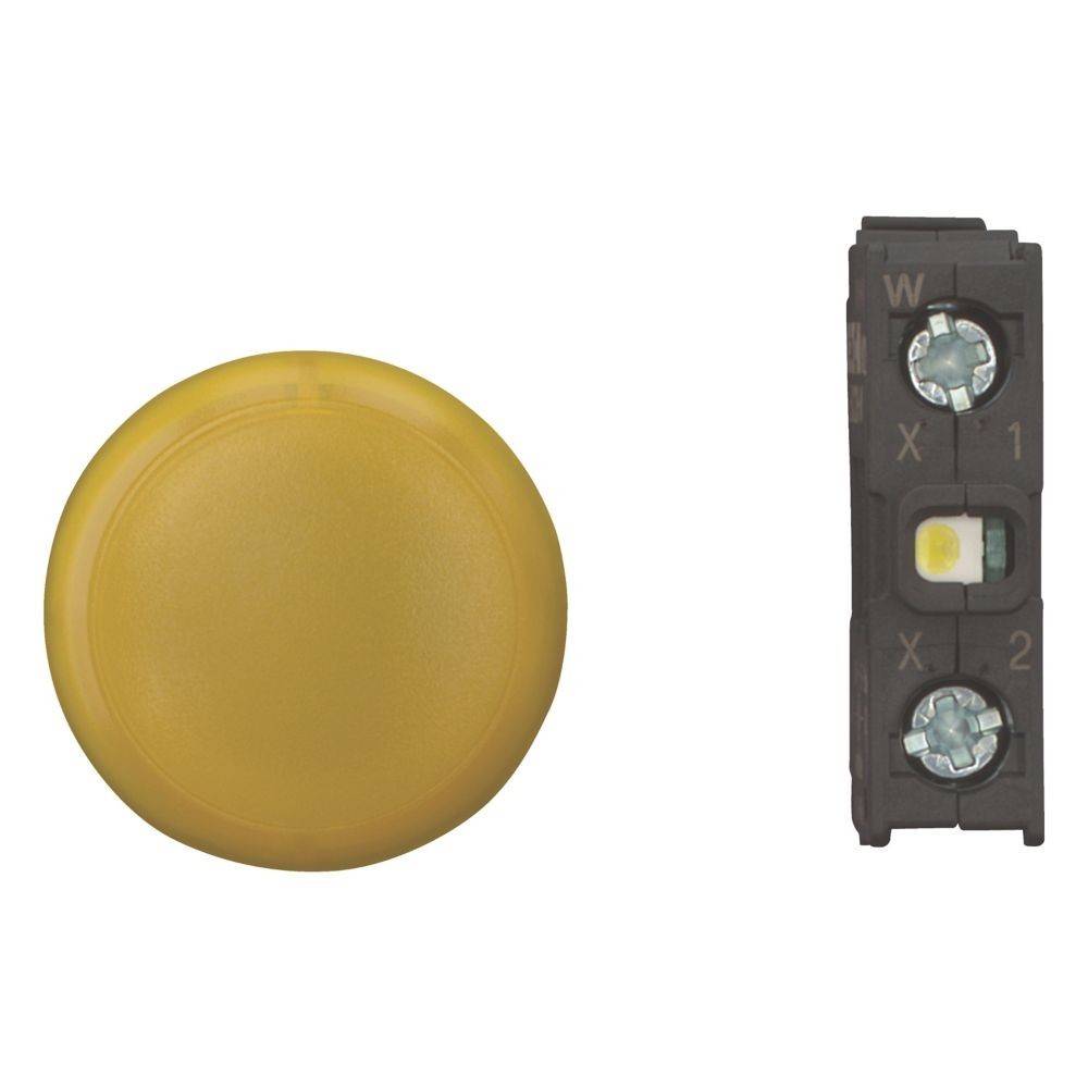 Ein runder gelber Knopf neben einer schwarzen rechteckigen Basis mit Metallverbindern und Markierungen, verwendet für elektrische oder mechanische Steuerungssysteme.