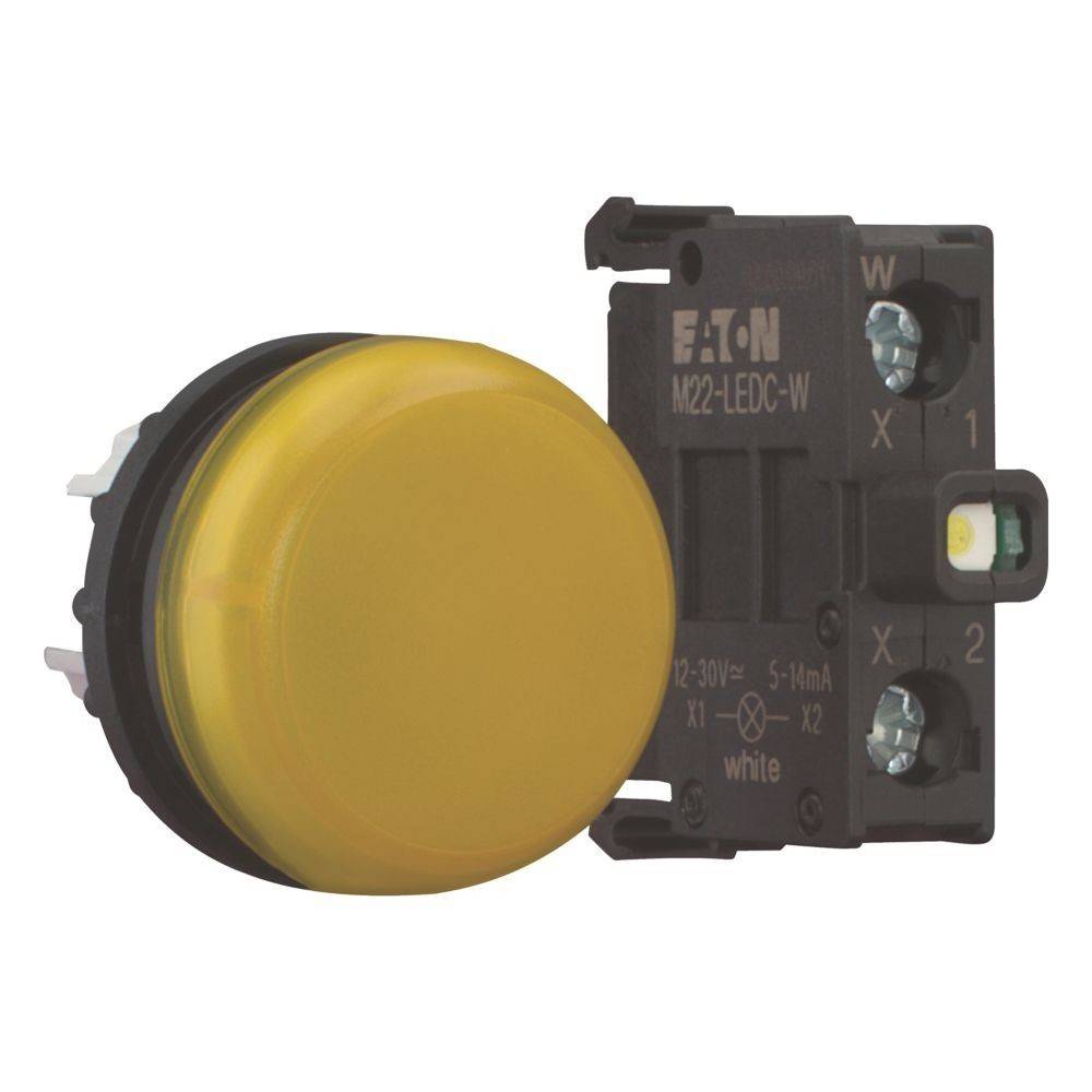 Ein runder gelber industrieller Druckknopf und seine entsprechende elektronische Komponente, gekennzeichnet als 'Eaton M22-LEDC-W', geeignet für Steuerungstafeln.