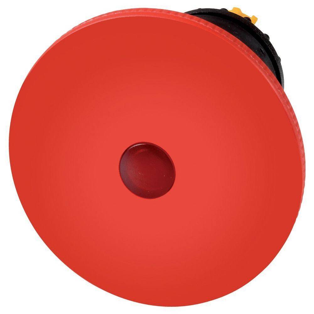 Ein großer roter Notaus-Taster, kreisförmig, mit einer flachen, hervorstehenden Oberfläche.