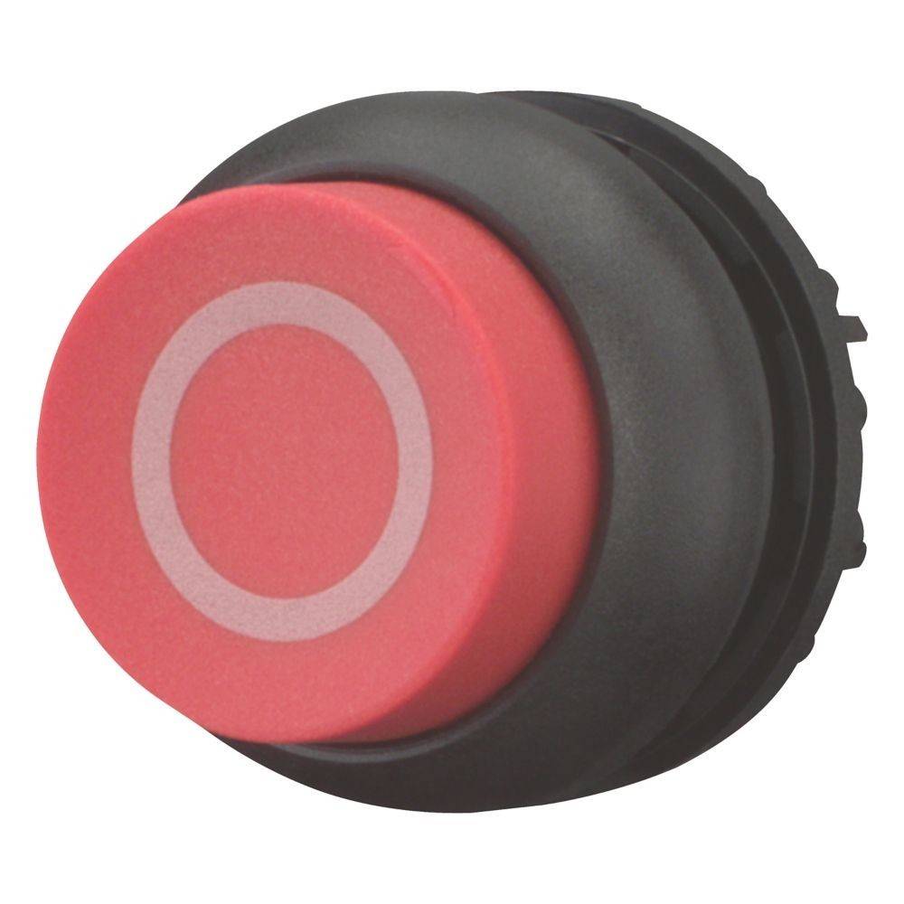 Ein roter, runder Druckknopf mit einem weißen Kreis auf seiner Oberfläche, eingesetzt in einem schwarzen Gehäuse, der häufig in industriellen oder elektronischen Anwendungen verwendet wird.