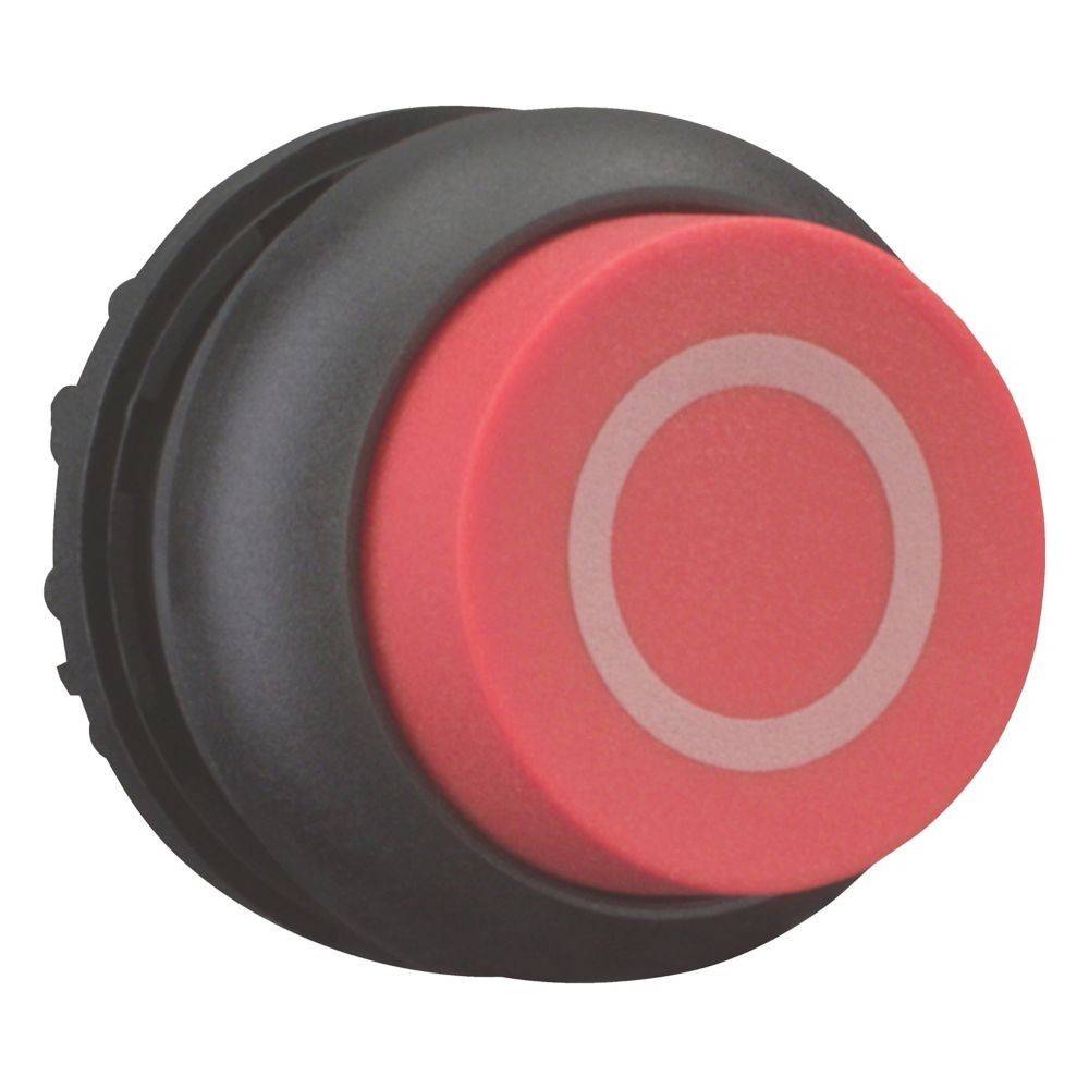 Eine rote kreisförmige Taste mit einem grauen äußeren Ring, die vor einem weißen Hintergrund angebracht ist und für industrielle oder elektronische Kontrollpanels konzipiert wurde.