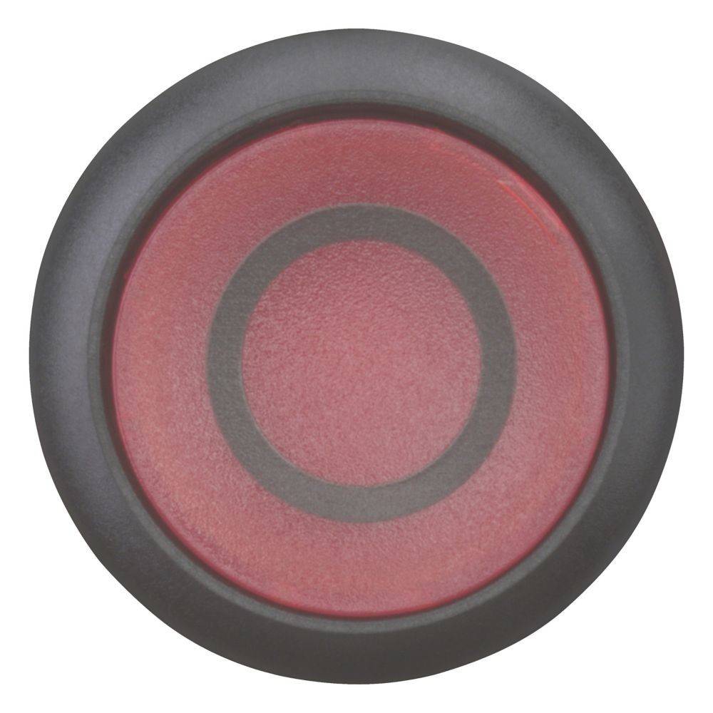 Ein runder roter Knopf mit einem schwarzen Rand und einem Kreis-Symbol in der Mitte.