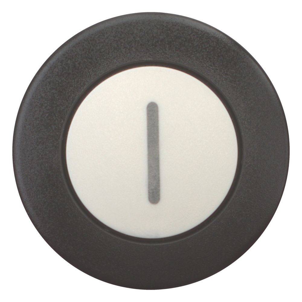 Ein runder schwarzer Druckknopf mit einem weißen Zentrum und einer vertikalen schwarzen Linie, die einem Powersymbol ähnelt, auf einem weißen Hintergrund.